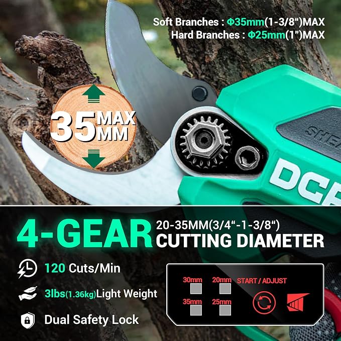 DCA Brushless 20V Battery Powered Electric Pruning Shears Cordless, 1.4" Power Pruner with SK5 High Carbon Steel Blade & 2.0Ah Batteries, Professional Tree Branch Cutter for Yard Tree Flower Trimming