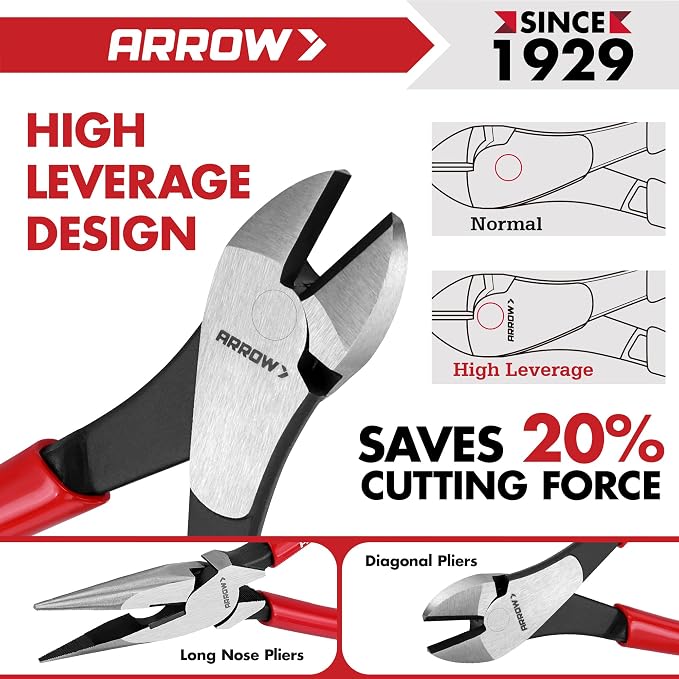ARROW 5PCS Pliers Set, Portable Rolling Bag With Handle | 6" Slip Joint, 7" Diagonal, 8" Needle Nose Pliers, 8"&10" Groove Joint with Non-slip Handle, Premium Carbon Steel