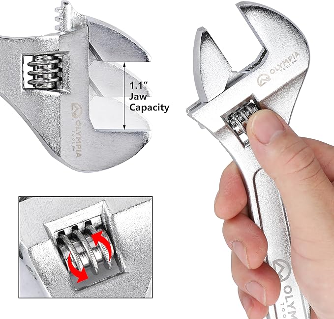 Olympia Tools 10" Adjustable Wrench, Heavy Duty Drop Forged Steel, Chrome Plated, Precision Machined Jaws, Rust Resistant