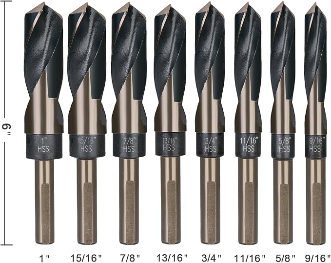 EFFICERE 8-Piece Premium 1/2” Reduced Shank Silver and Deming Large Drill Bit Set in Aluminum Carry Case, M2 High Speed Steel, 135-Degree Split Point | SAE Inch Size 9/16” - 1” by 1/16th Increment