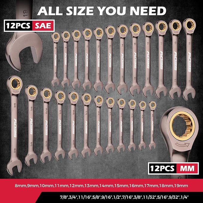 Premium 24-Piece Ratchet Wrenches Set with Magnetic Organizer, SAE 1/4"-7/8" & Metric 8mm-19mm, Cr-V Steel Ratcheting Wrench Set, Ratchet Combination Wrench Set for Automotive, Machine Repair