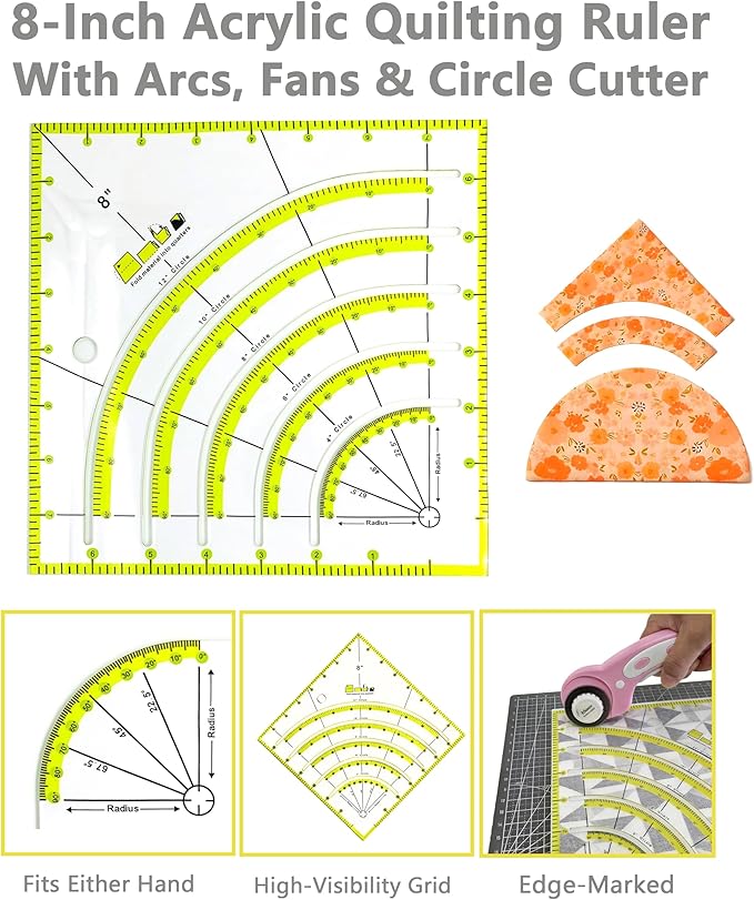 Quilting KIT with Quilting Ruler Holder, Rotary Cutter, Curved Corner Cutter Quilting Ruler, Slotted Quilting Ruler, Arcs & Fans Quilt Circle Cutter Ruler,Non Slip Ruler Grip Rings, Heat Erasable Pens