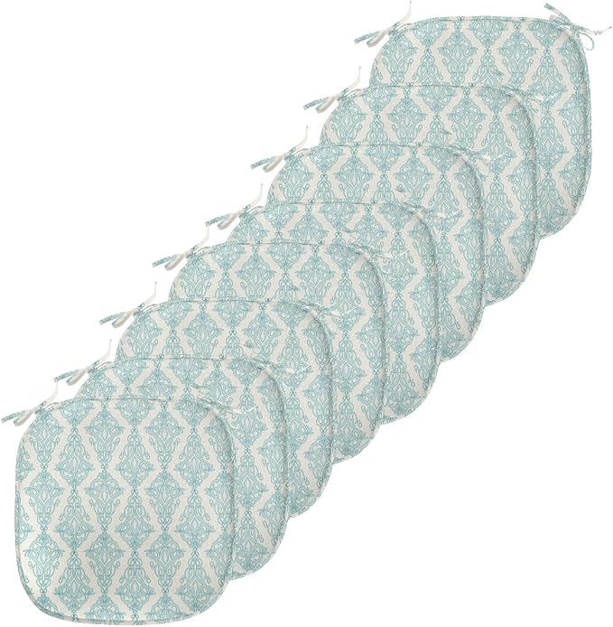 Lunarable Damask Blue Chair Seating Cushion Set of 8, Vintage Antique Pattern with Classic Victorian Motif, Anti-Slip Seat Padding for Kitchen & Patio, 16"x16", Eggshell Pale Cadet Blue