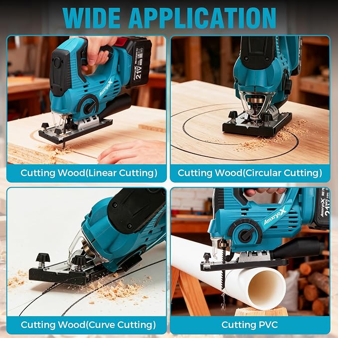 AwxryoX Cordless Jigsaw, 21V Power Electric Jig Saw with 2×6.0Ah Battery,4 Orbital Settings Jigsaw Saw Tool with 12 Blades ±45° Bevel Cuts,3000 RPM,Caladora Eléctrica for Straight/Curve/Circle Cutting