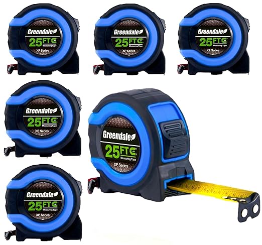 Greendale – 6 Pack Tape Measures 25 ft – Easy-Read Fractions, Magnetic Tip, Quick-Lock & Auto-Retract – Heavy-Duty Measuring Tape with Belt Clip – Blue