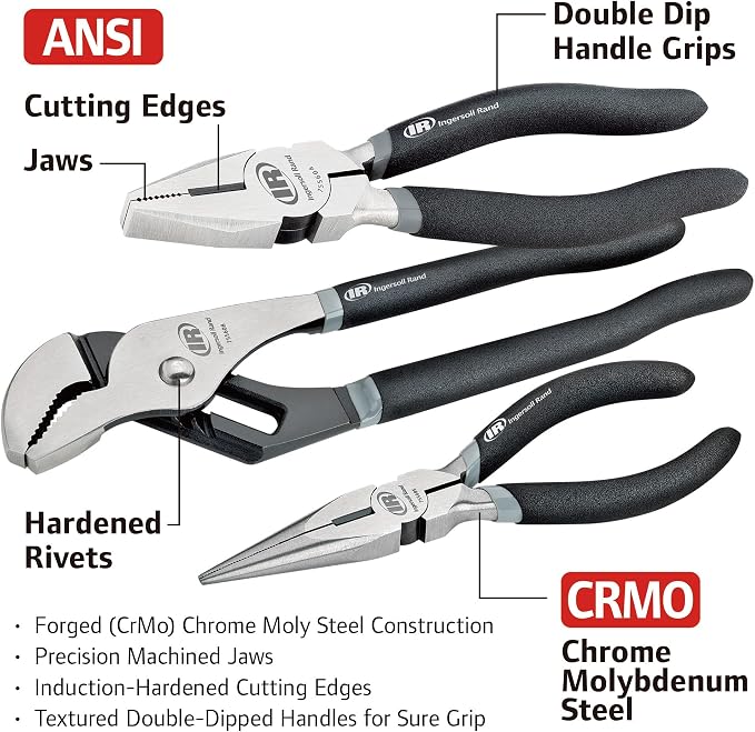 Ingersoll Rand 7 Piece Master Pliers Set with EVA Storage Tray, Chrome Moly Steel, Precision Machined Jaws, Includes Diagonal, Long Nose, Linesman, Slip Joint & Groove Joint Pliers – 752013