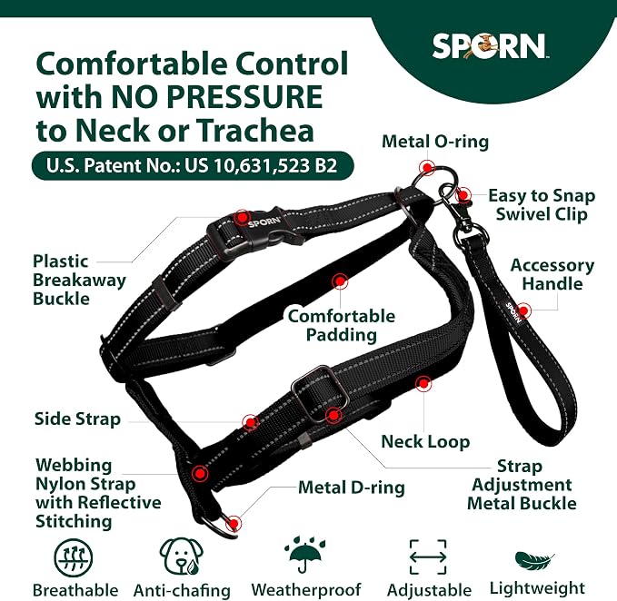 SPORN Ultimate Control No Pull Dog Harness for Medium-Sized Dogs - 4-in-1 Adjustable Dog Harness with Front, Back & Dual-Clip Options & Emergency Grab Handle - Easy On/Off, Padded Comfort (Black, M)