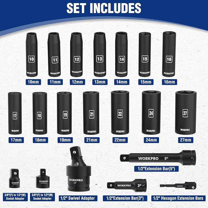 WORKPRO 20-Piece 1/2＂ Drive Deep Impact Socket Set, Metric | 6-Point, Cr-V Steel, 10-27mm, Universal Joint, Adapter and Extension Bar, Automotive Repair, Garage Tools