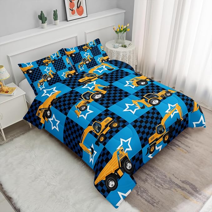 Axolotl Excavator Comforter Set King Size,Blue Plaid Comforter with Star,Cartoon Excavator Bedding for Kids Boys Teens,3 Piece Construction Vehicle Bed Set for Boys,1 Quilt 2 Pillowcases