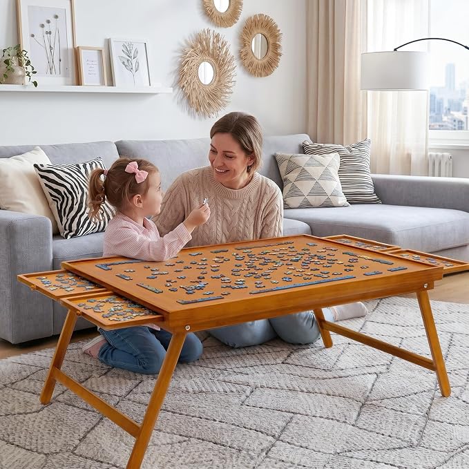 TEAKMAMA 1500Pcs Jigsaw Puzzle Table with 4 Drawers for Adults,Red Brown | Wooden Jigsaw Foldable Puzzle Board with legs,with Protective Cover,Multifunctional Game Table,34W x 26.3D