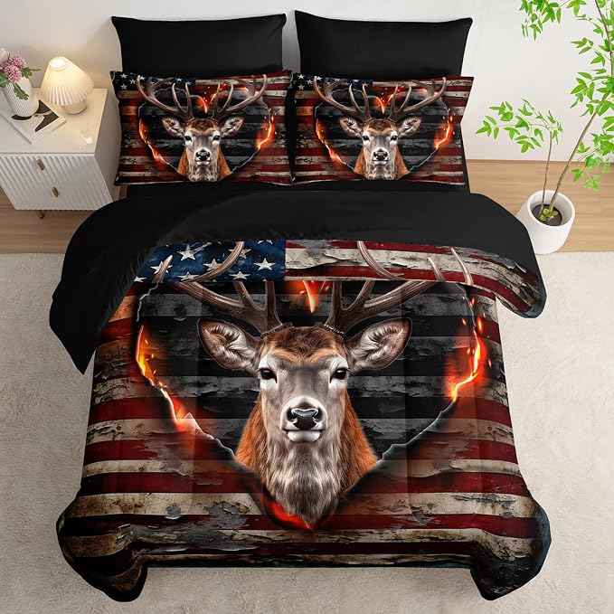 Deer Bedding Sets for Kids Boys Girls Room Decor,Hunting Themed American Flag Full Comforter Set with Sheets,7Pcs Western Camo Fluffy Comforter Set with Fitted Sheet,Flat Sheet,Pillowcases.
