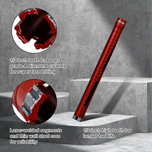SALI Diamond Core Drill Bits 1 3/4" Diameter 10"/254mm Drilling Depth 5/8-11" Thread Core Bit Turbo Laser-Welded Segments for Cured Concrete with Brick Block Masonry with Two Adapters（Red）