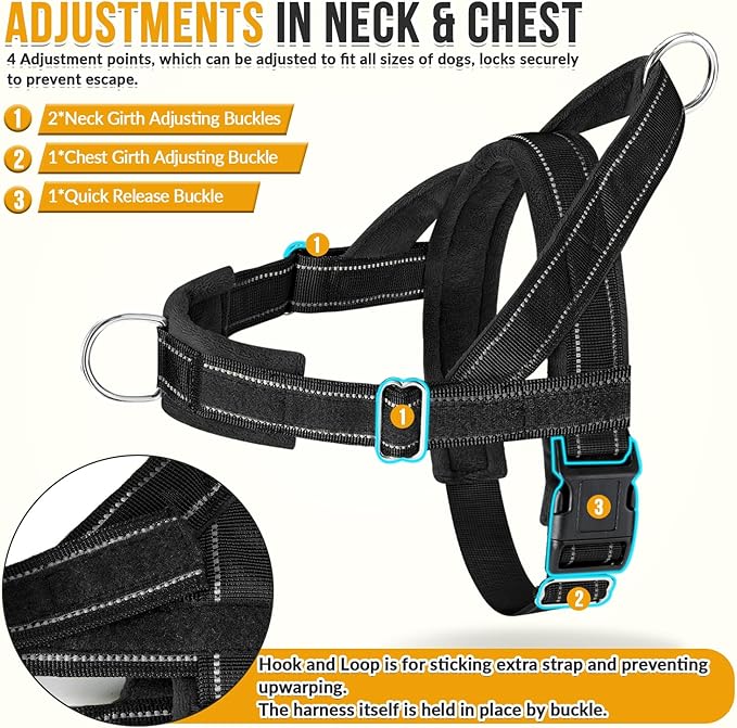 SlowTon No Pull Dog Harness with Front Clip - Heavy Duty, Soft Padded | Neck & Chest Adjustable, Tactical Pet Vest and Leash Set for Large Medium Sized Dogs, for Easy Walk & Training, Black XL