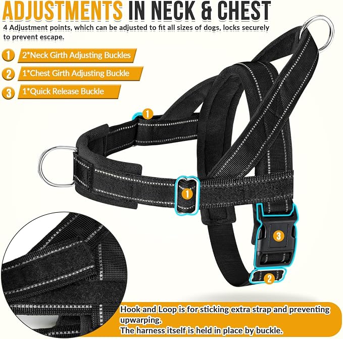 SlowTon No Pull Dog Harness with Front Clip - Heavy Duty, Soft Padded | Neck & Chest Adjustable, Tactical Pet Vest and Leash Set for Large Medium Sized Dogs, for Easy Walk & Training, Black L