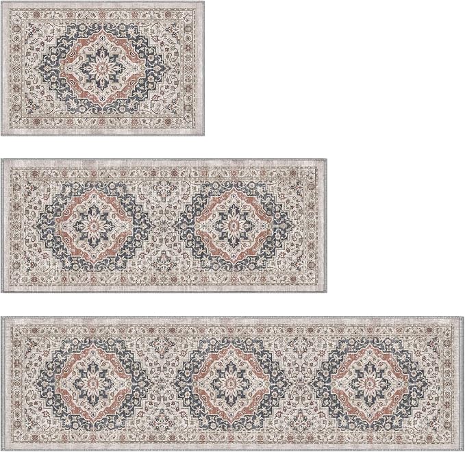 Color&Geometry Vintage Kitchen Rugs Sets of 3, Machine Washable 4mm Ultra Thin Stain Resistant Kitchen Floor Mats, Non Slip TPE Backing Runner for Sink,Hallway,Laundry,Entryway (2x3+2x5+2x7)