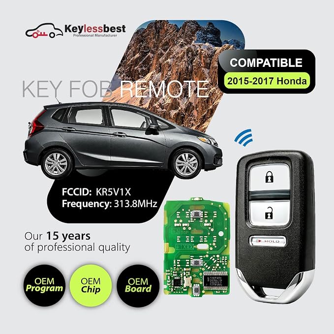 2 Keylessbest Replacement for 2015 2016 2017 Honda Fit EX EX-L EX-LN HR-V Key Fob Remote Control KR5V1X 3 Buttons 313.8MHz