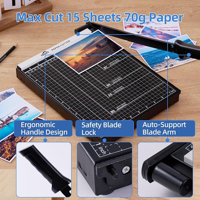 ISDIR 12” Heavy Duty Metal Paper Cutter - 15 Sheet High Capacity Guillotine Trimmer with Blade Safety Lock & Magnetic Guide, Professional Craft Cutter for Cardstock, Photos, DIY & Office