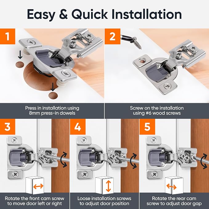 Decobasics 40 Pack Soft Close Cabinet Hinges – 3/4" Overlay for Kitchen Cabinet Doors, Face Frame Concealed Hidden Hinges – Stainless Steel, Self-Closing with 3-Way Adjustment & Slow Close Damper