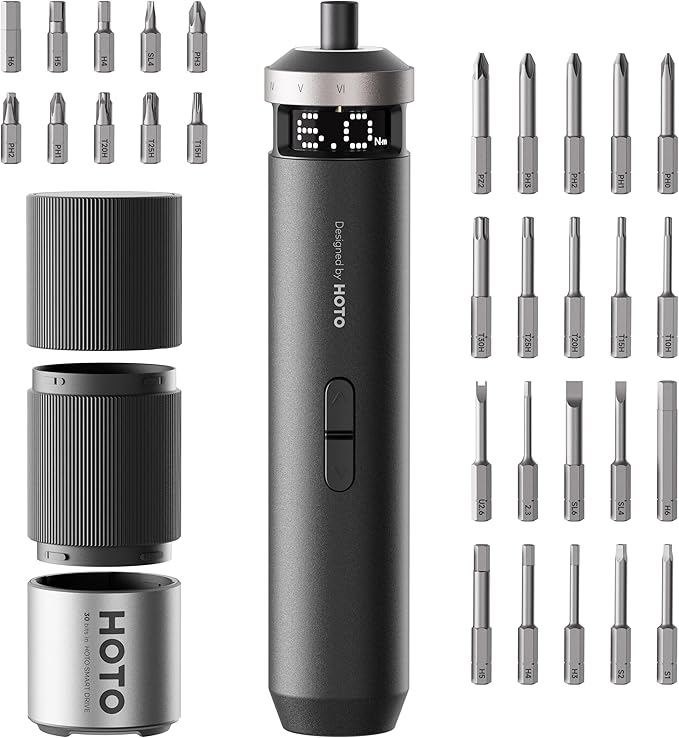 HOTO PixelDrive Electric Screwdriver, Smart Display, 6 Torque Settings, 0.5 to 6 N·m, 1/4'' Hex 30 Bits, LED Light, 2000 mAh Rechargeable Cordless Screwdriver Set for Electronics, Gadgets for Men