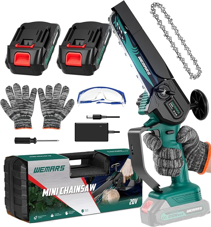 WEMARS Mini Chainsaw Cordless, 6-Inch Portable Electric Chainsaw with Security Lock-Handheld Small Power Chain Saws with 2 Battery Powered For Wood/Trees Cutting/Courtyard Garden, 2025 UPGRADE