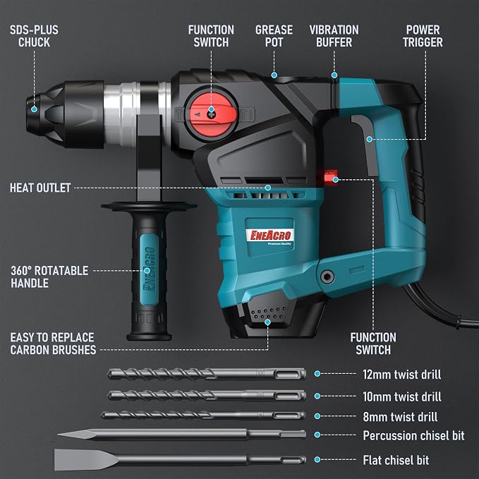 ENEACRO 1-1/4 Inch SDS-Plus 12.5 Amp Heavy Duty Rotary Hammer Drill | Safety Clutch, 3 Functions, Vibration Control, Includes Grease, Chisels, Drill Bits & Case