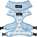 Lucy & Co. Cute Reversible Dog Harness Walking Halter - Best Designer Pet Harnesses for XS - XL Dogs - Padded Adjustable Vest for Easy Walking - X Large - White with Blue Bows