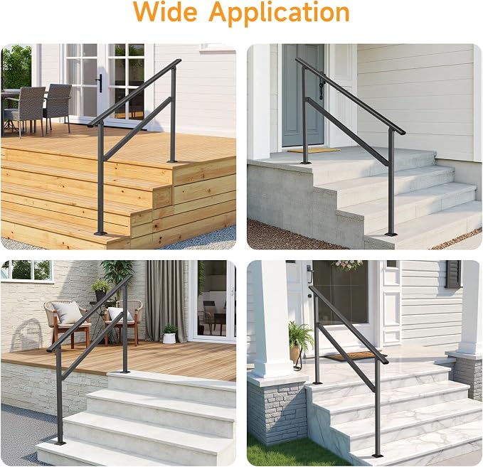 Hand Rails for Outdoor Steps 2-5 Steps Wrought Iron Handrails | Stair Railing for Porch, Home, Garden, Indoor, Staircase Handrails for Wooden, Cement, Brick, Marble (4 Steps)
