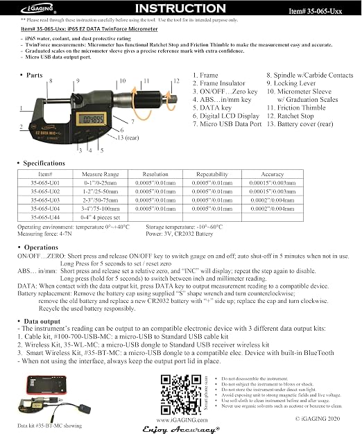 iGAGING 0-4"/0-100mm Friction and Ratchet Twin Force Movement Digital Micrometer, IP65 Rate, 35-065-U44