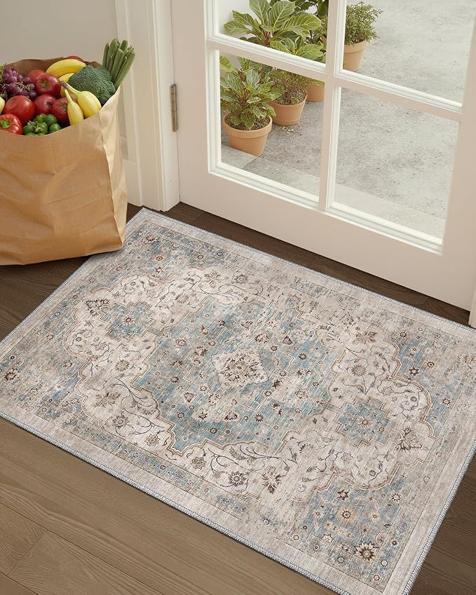 Color&Geometry Vintage Kitchen Rugs Sets of 3, Machine Washable 4mm Ultra Thin Stain Resistant Kitchen Floor Mats, Non Slip TPE Backing Runner for Sink,Hallway,Laundry,Entryway (2x3+2x5+2x7)