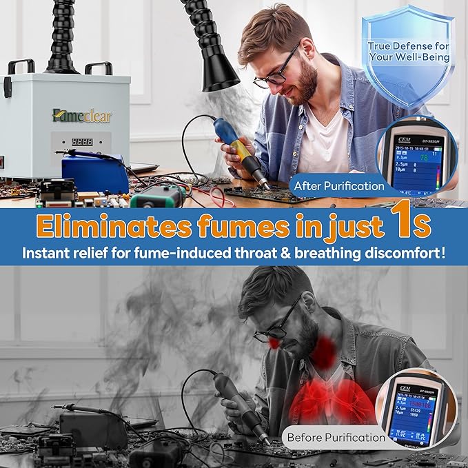 FumeClear Laser Fume Extractor - Powerful 100W Suction 200m³/h, With Remote Digital Display, 3-Stage Filtration System with 12PCS Filters for Laser Welding Smoke Absorption and Desktop Soldering