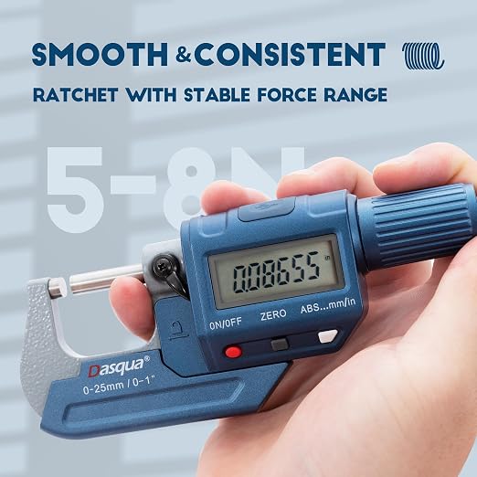 Dasqua Precision Digital Outside Micrometer, Measuring Tools for Machining and Industrial use, 0-1 inch Accuracy 0.002mm with Large Display, Lock nut and Carbide tip