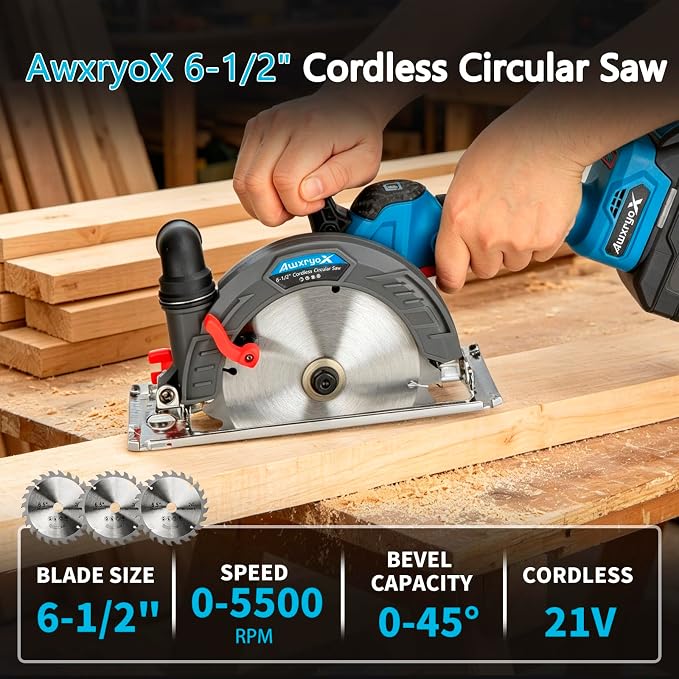 AwxryoX 6-1/2" Cordless Circular Saw,Brushless Sierra Circular with 2 x 6.0Ah Battery & 3 Blade,Electric Hand Circle Saw 0-45° Cutting Bevel,Max Cut Depth 2-1/4"(90°),1-7/16" (45°) for Wood Metal PVC