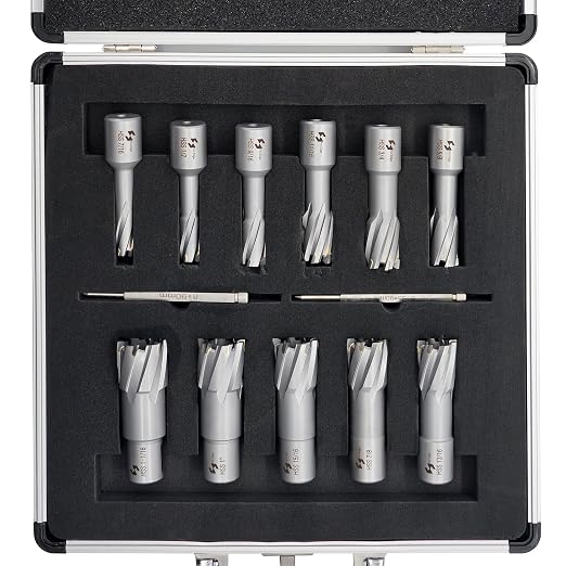 Pro Edge 11pcs TCT Annular Cutter Set, 1-3/8" Cutting Depth, 7/16" to 1-1/16" Cutting Diameter, Carbide Mag Drill Bits for Magnetic Drill Press with 2 Pilot Pin for Steel, Aluminum, Copper