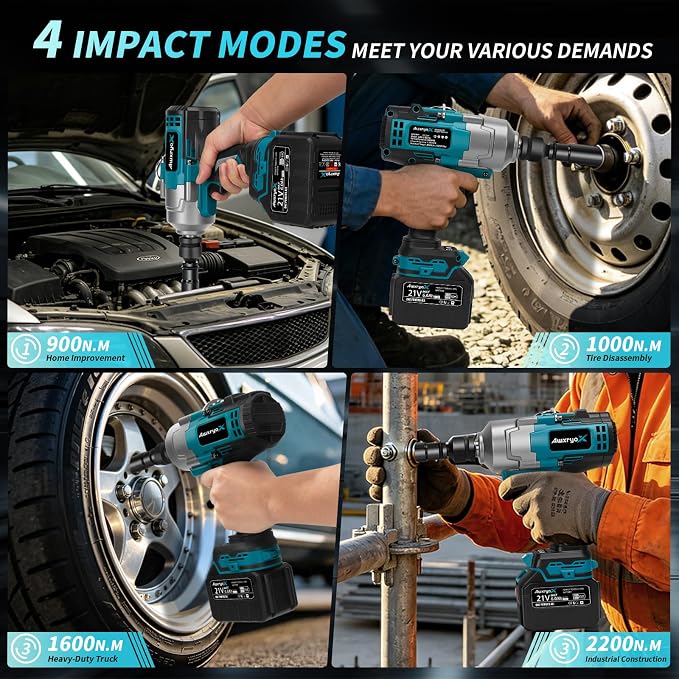 AwxryoX 21V Cordless Impact Wrench,1623Ft-lbs(2200N.m) High Torque Brushless Impact Gun with 2×6.0Ah Battery,3/4" 4 Speed Electric Pistola De Impacto with 1/2 Adapter for Truck/Mower/Car/Industrial