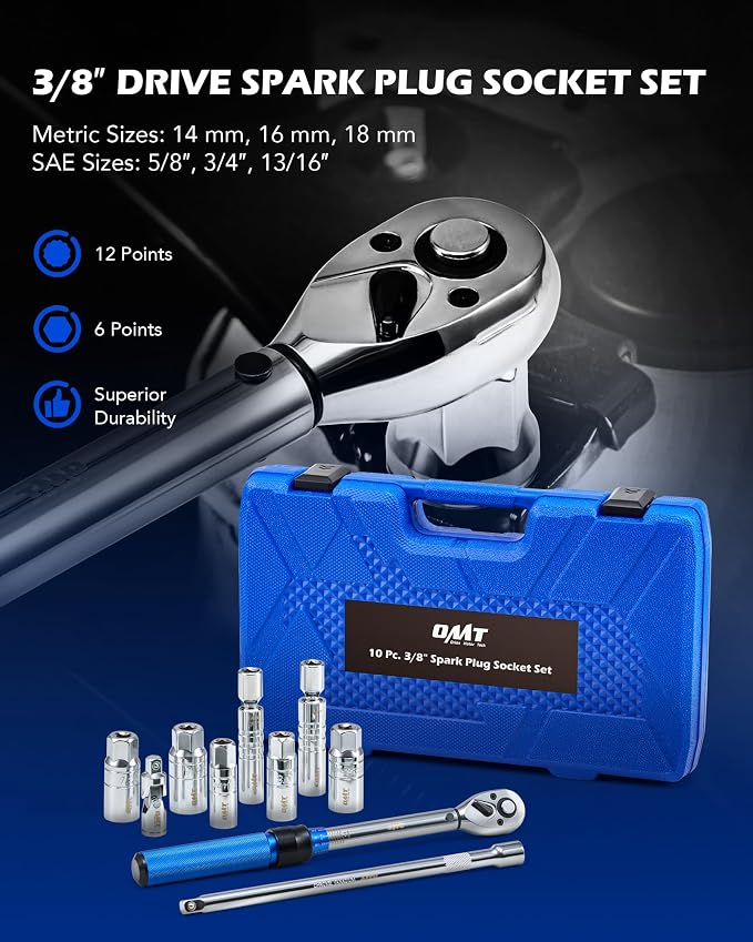 OMT 10pc 3/8" Drive Spark Plug Socket Set With 72-Tooth Torque Wrench | 7.4-44.3 Lb-Ft Click Ratchet; Magnetic Swivel Sockets; Universal Joint & 10" Extension Bar; 5 Hex Sockets; 12-Point Design