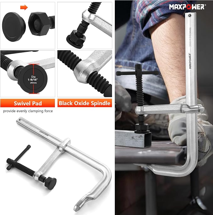 MAXPOWER 12 inch F Clamp, 5-1/2 inch Throat Depth, Replaceable Swivel Pads, Max Jaw Opening 12-inch Heavy Duty Clamps for Welding