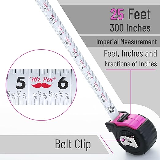 Mr. Pen- Retractable Tape Measure 25 ft, Pink, Easy Read, Steel Retractable Measuring Tape with Fractions, Ideal for Construction & DIY Projects