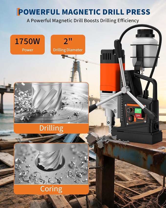 Garvee Magnetic Drill, 1750W 2" Boring Diameter, 2922lbf Power Portable Magnetic, 810 PRM, 10-Speed，with 10Pcs Drill Bits 3Pcs Twist Drill and 1Pcs Plastic Box for Metal Surface, Industrial