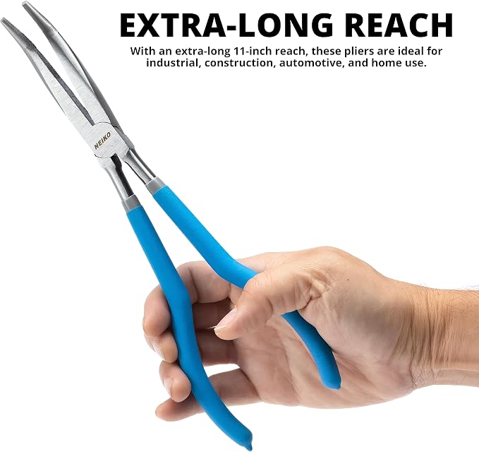 NEIKO 02105A (4) Long Nose Plier 11” Long Reach, Straight, Angle, Curved Pliers, 45 & 90 Degree, bent Head Needle Nose Pliers Set for Mechanics, Long Handle Pliers