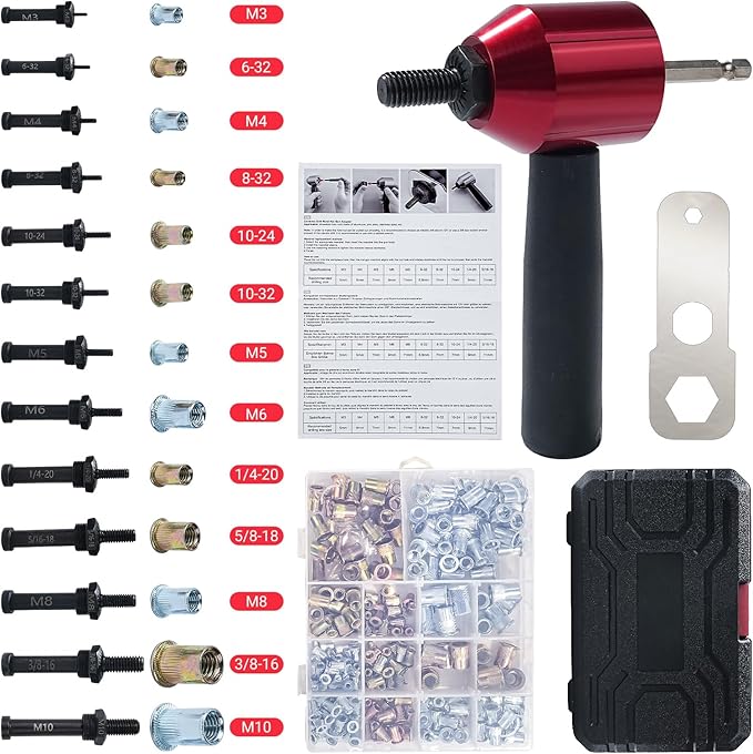 Drill Adapter Tool Kit, Cordless Rivnut Tool Gun with 13 Mandrels & 290 Rivet Nuts, Compatible with Cordless Drill & Ratchet Wrench, Metric & SAE Sizes Rugged Storage Case Included