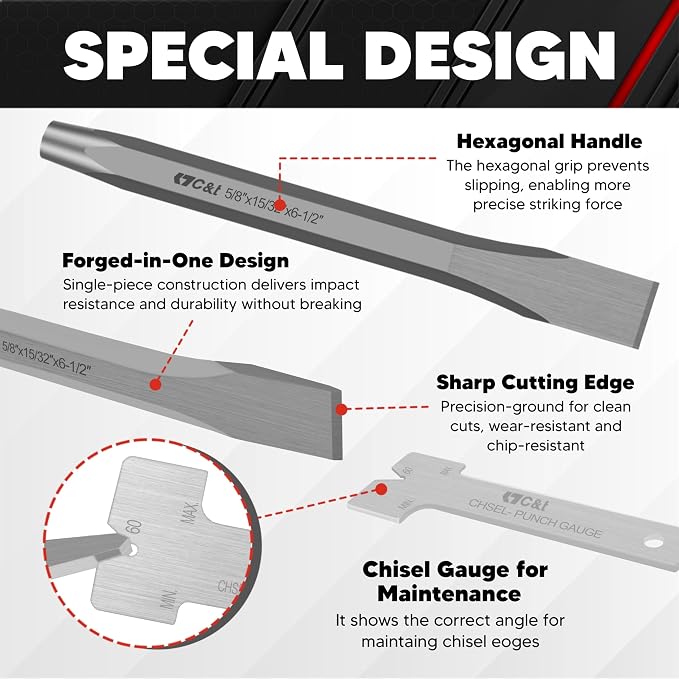 C&T 16-Piece Punch and Chisel Set with Storage Pouch, Including Taper Punch, Cold Chisels, Pin, Center Punch, Chrome Vanadium Steel