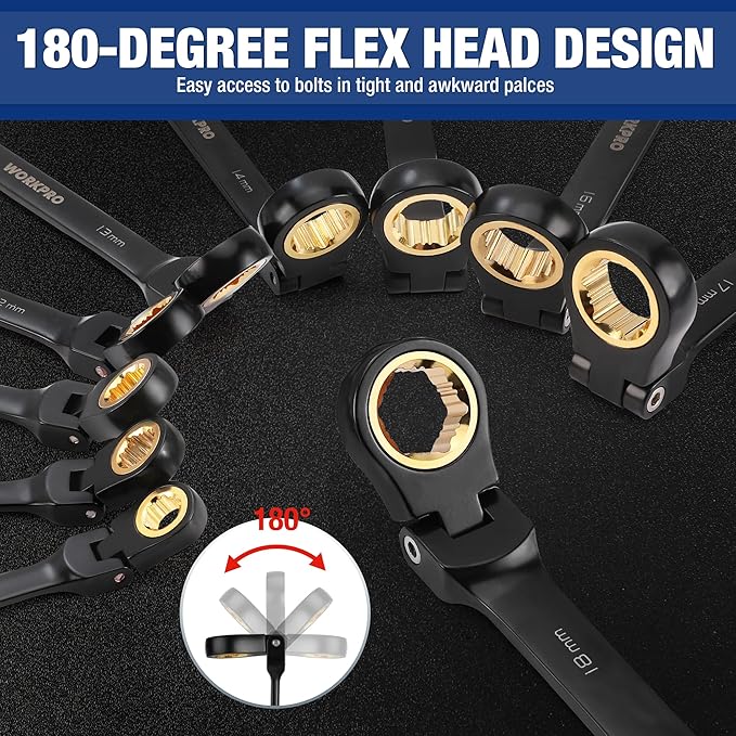 WORKPRO 22-piece Ratcheting Wrench Set with 180° Flex Head, Anti-Slip Tooth, Combination Wrench Sets with Organizer Box, Metric 6-18mm & SAE 1/4-3/4", Black Electrophoretic Coating