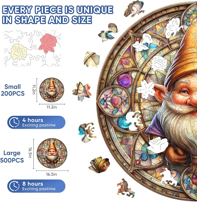 Pikoqunc Gnome Wooden Puzzle for Adults, Families & Friends – 500 Piece Round Wood Jigsaw with Unique Shapes, Perfect for Relaxation, Joy & Cozy Home Décor (16.5"x16.5")