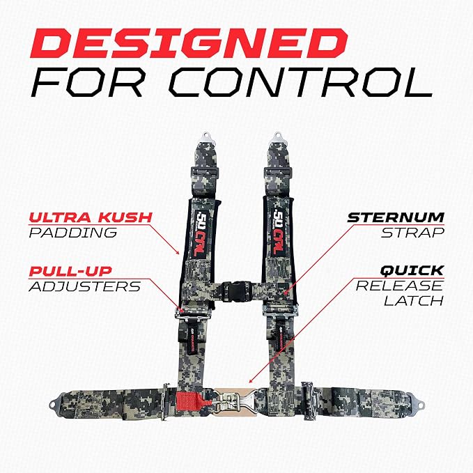 1pc 50 Cal Camo 4pt 4 Point Harness 3 inch straps, Racing Harness Seat Belt | Ultra Kush padding, Push Button quick release hardware. Universal Fit for UTV, RZR, race car