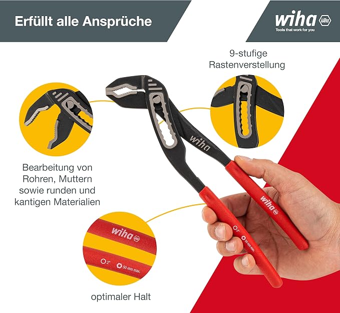 Wiha Classic Water Pump Pliers (26761) I Wapu Pliers 250 mm I Stretched Joint with Double Guide for Maximum Stability