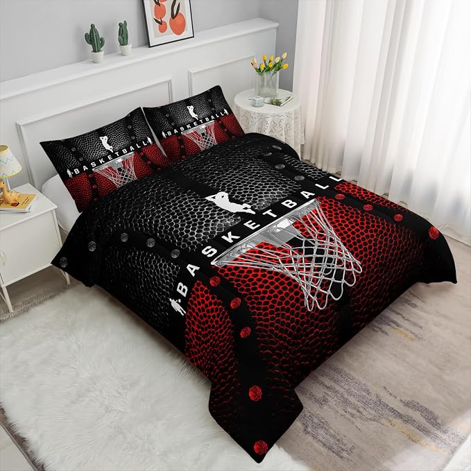 Axolotl Basketball Bedding Set for Boys Kids Teens,Black and Red Sports Themed Bedding,3D Basketball Comforter,Ball Sports Games Quilt Set with 1 Comforter and 2 Pillowcases All Season,King Size
