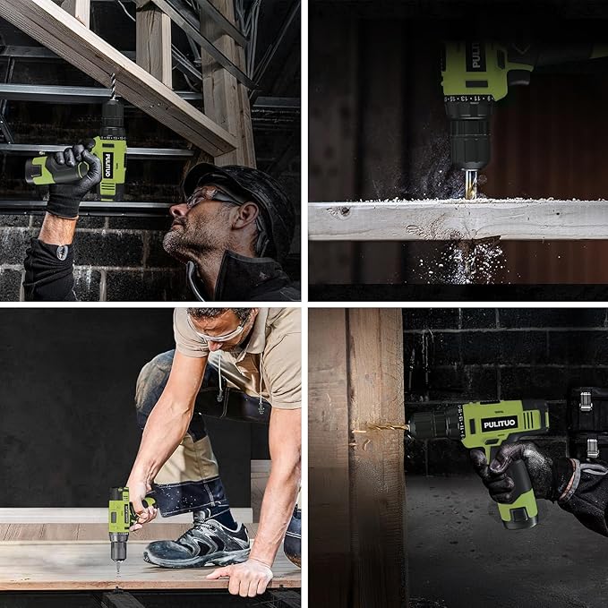 PULITUO 12V Green Cordless Drill Set Power Drill Kit with Battery and Charger,electric drill home improvement,3/8-Inch Keyless Chuck,Built-in LED,21+1 Torque Setting
