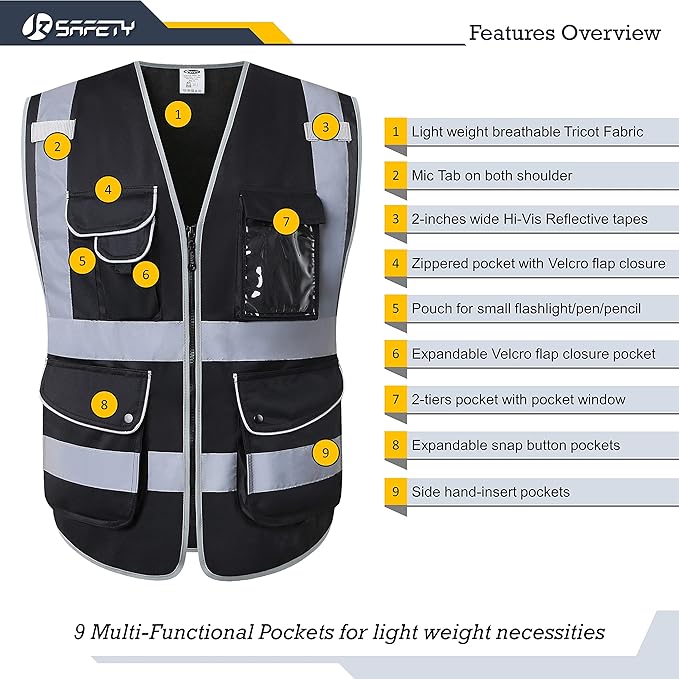 JKSafety 9 Multi-Functional Pockets Zipper Front Safety Vest With Reflective Strips Meet ANSI ISEA Standards (150-Black, X-Large)