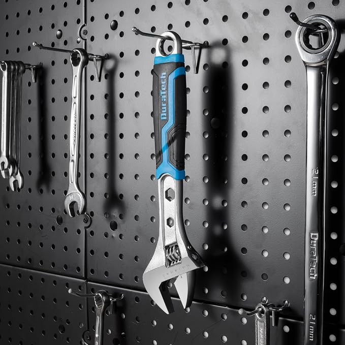 DURATECH 12 Inch Adjustable Wrench, 3-in-1 Spanner | Box End, Hex Function, CR-V Steel, Metric & SAE Scales, Chrome-plated, Bi-material Soft Grip
