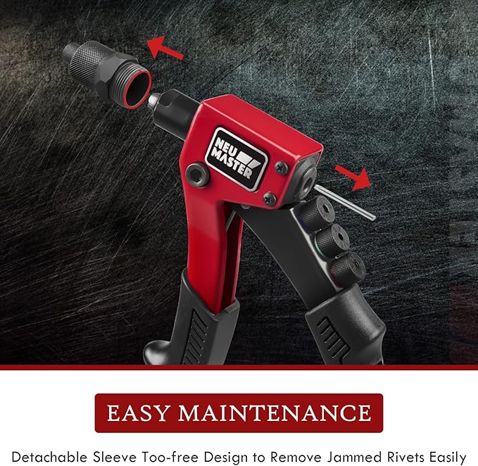 NEU MASTER Rivet Gun with 200Pcs Rivets, Manual Rivet Gun Kit with 4 Tool-Free Interchangeable Rivet Heads, BMC Case, Heavy Duty Single Hand Riveter for Plastic, Metal, Leather